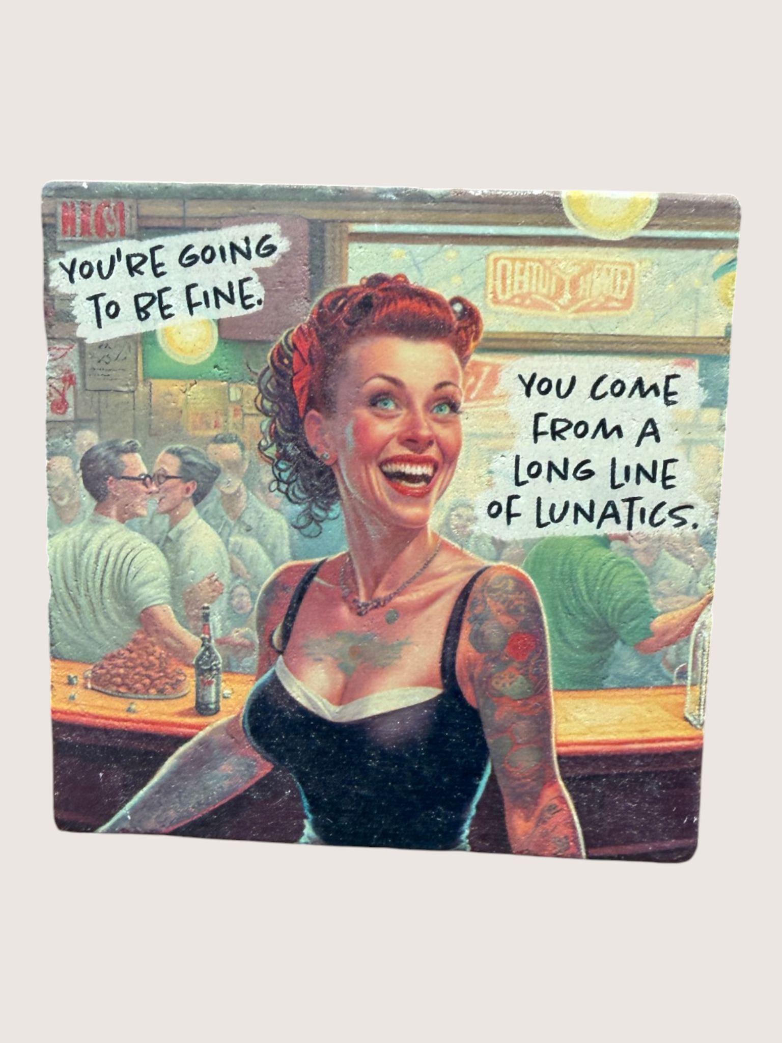 Vintage-style Coaster with a woman in a bar and humorous text.