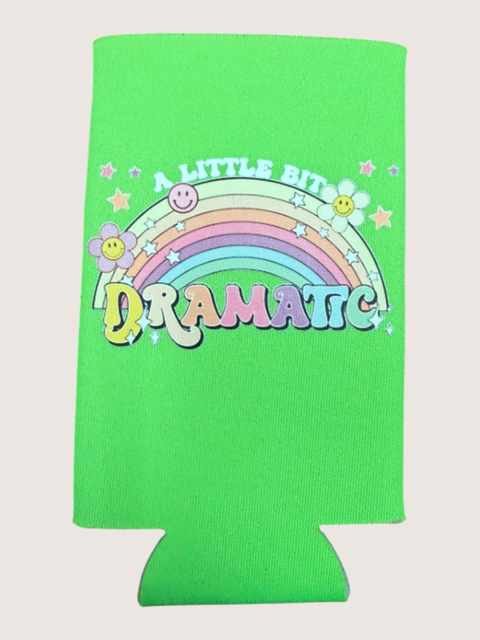 Green can cooler with rainbow and text design on a white background